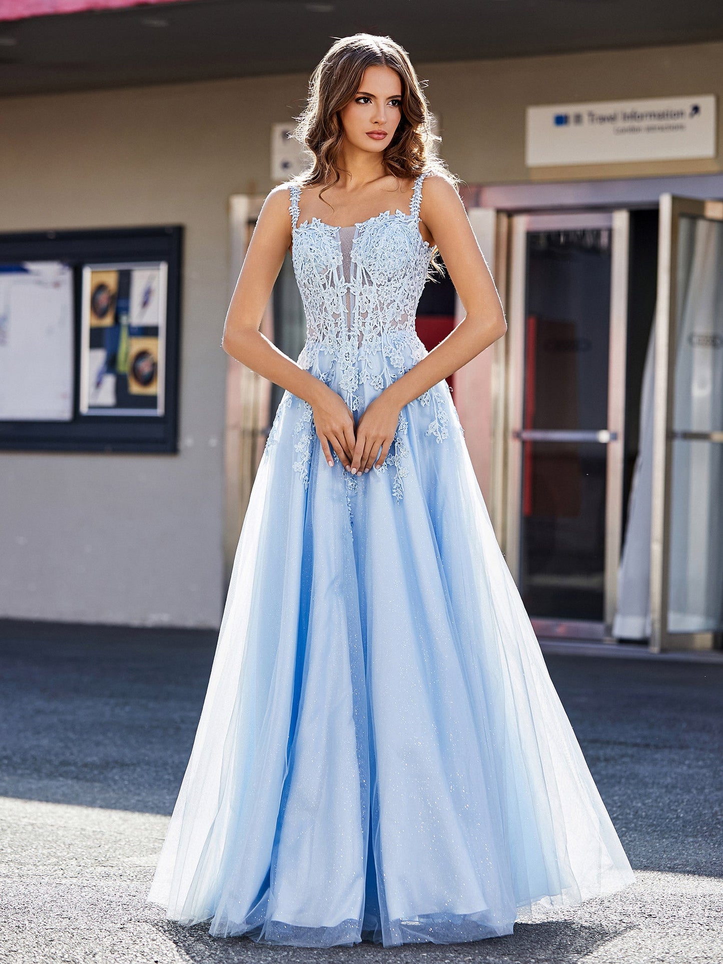 Corset Bodice A Line Tulle Gown Sky Blue