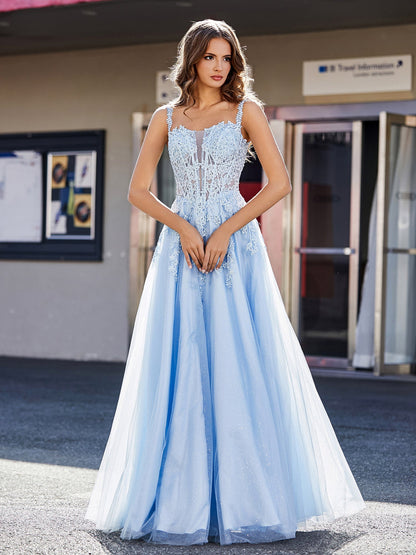 Corset Bodice A Line Tulle Gown Sky Blue
