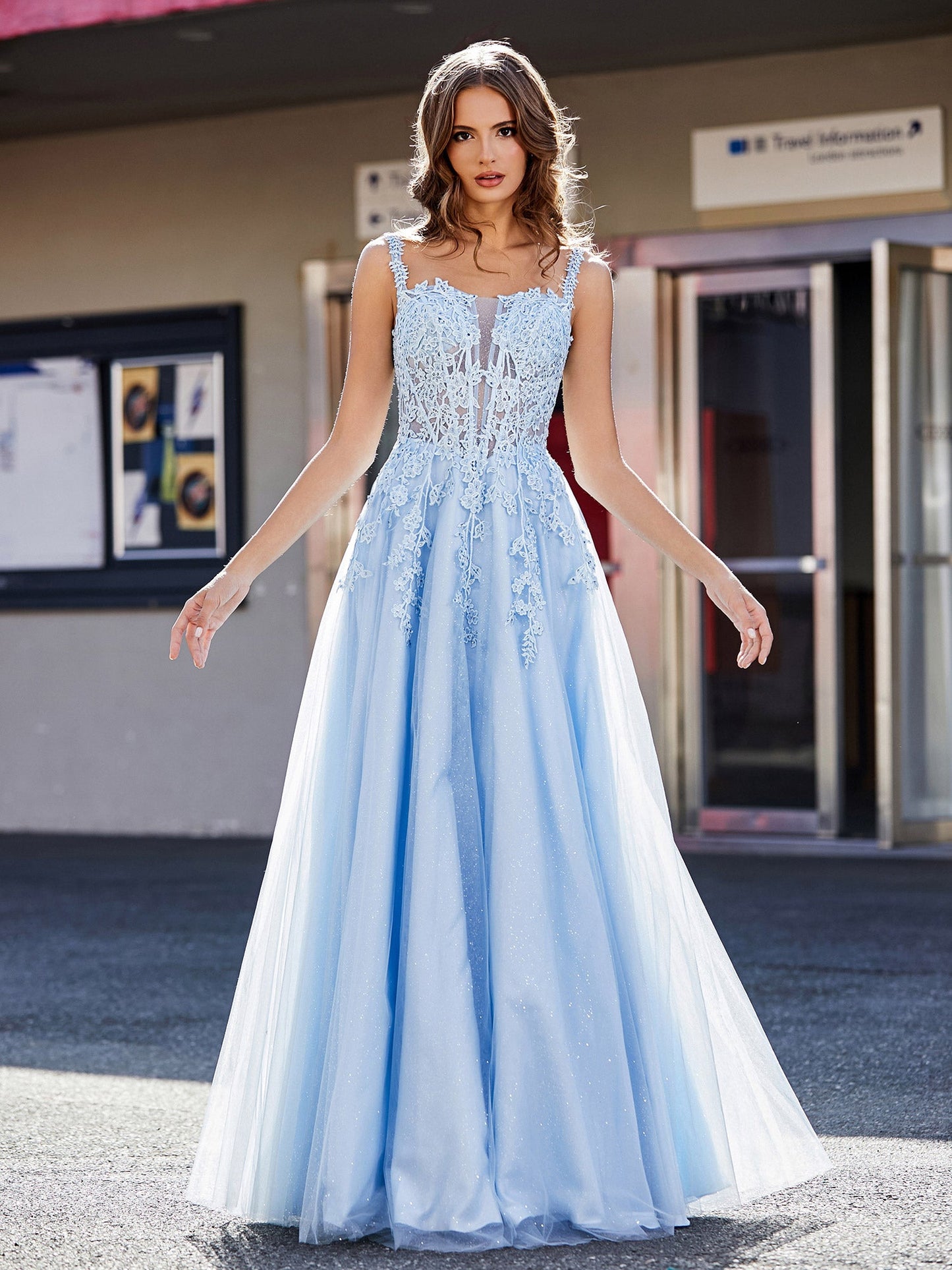 Corset Bodice A Line Tulle Gown Sky Blue
