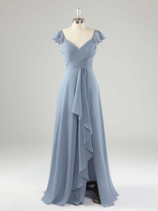 Lainey V-Neck A-line Floor Length Bridesmaid Dresses with Slit