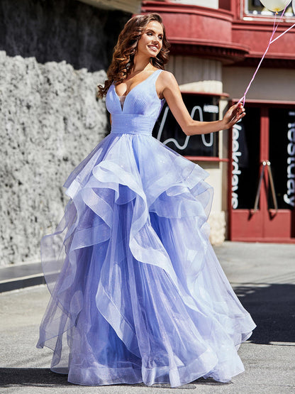 V-Neck Sleeveless Tulle Ball Gown Lavender