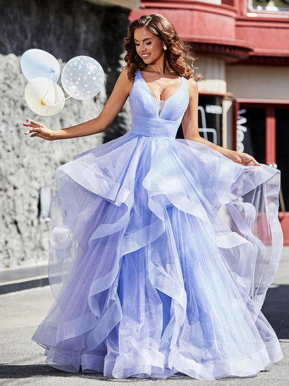V-Neck Sleeveless Tulle Ball Gown Lavender