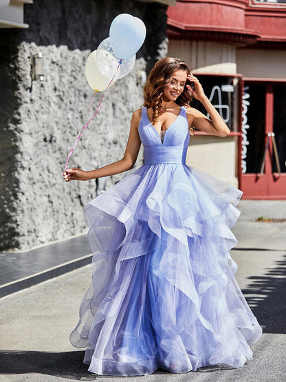 V-Neck Sleeveless Tulle Ball Gown Lavender