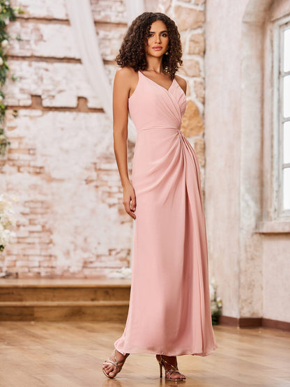 A-line Spaghetti Straps Chiffon Maxi Dresses with Slit Dusty Rose