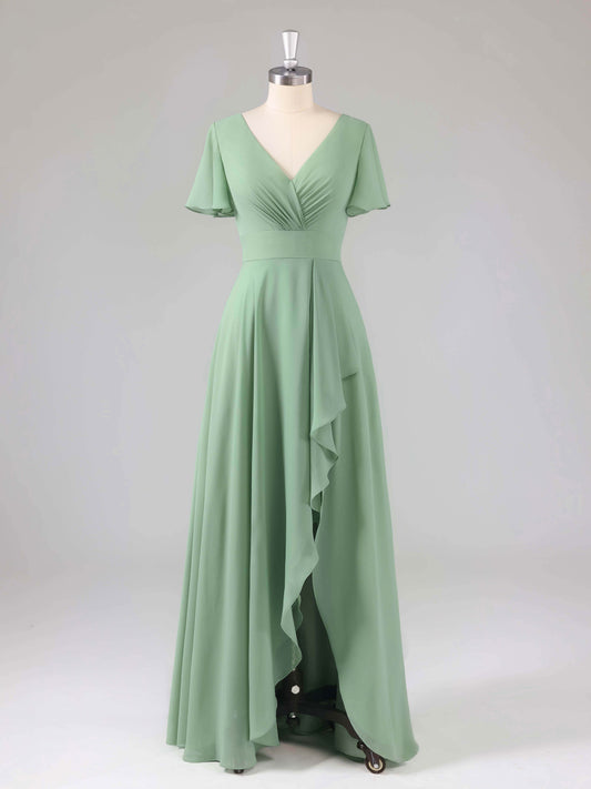 Leliana Simple V-Neck Ruffles Bridesmaid Dresses with Slit