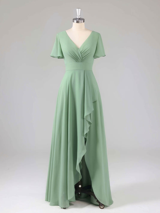 Liora V-Neck Ruffles Flutter Sleeves Bridesmaid Dresses with Slit