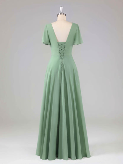 Liora V-Neck Ruffles Flutter Sleeves Bridesmaid Dresses with Slit