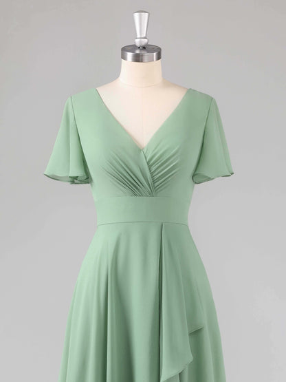 Liora V-Neck Ruffles Flutter Sleeves Bridesmaid Dresses with Slit