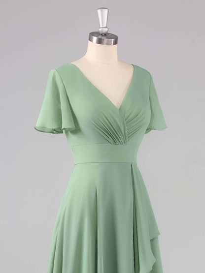 Liora V-Neck Ruffles Flutter Sleeves Bridesmaid Dresses with Slit