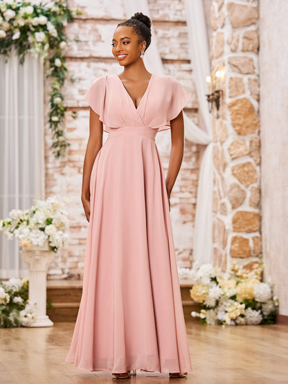 A-line Deep V-neck Long Chiffon Cap Sleeves Dresses Dusty Rose