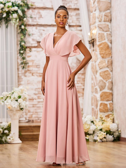A-line Deep V-neck Long Chiffon Cap Sleeves Dresses Dusty Rose