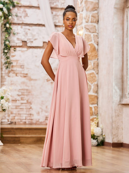 A-line Deep V-neck Long Chiffon Cap Sleeves Dresses Dusty Rose