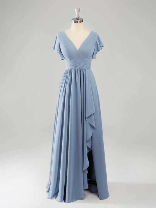 Livinia Elegant Flutter Sleeves Ruffles Bridesmaid Dresses with V Back