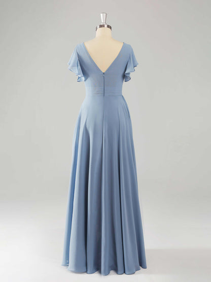 Livinia Elegant Flutter Sleeves Ruffles Bridesmaid Dresses with V Back