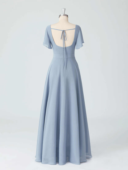 Lumina A-line Square Neck Asymmetrical Chiffon Dresses with Belt