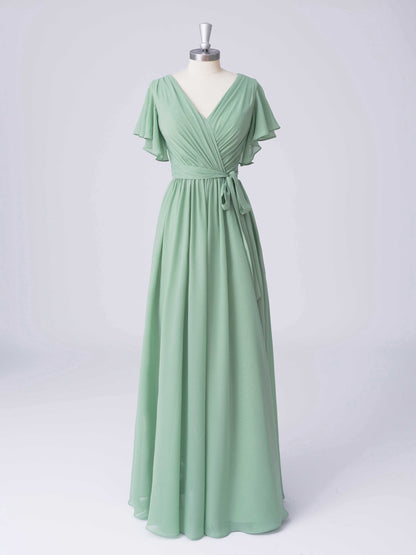 Lunette Elegant V-Neck Chiffon A-line Bridesmaid Dresses with Belt