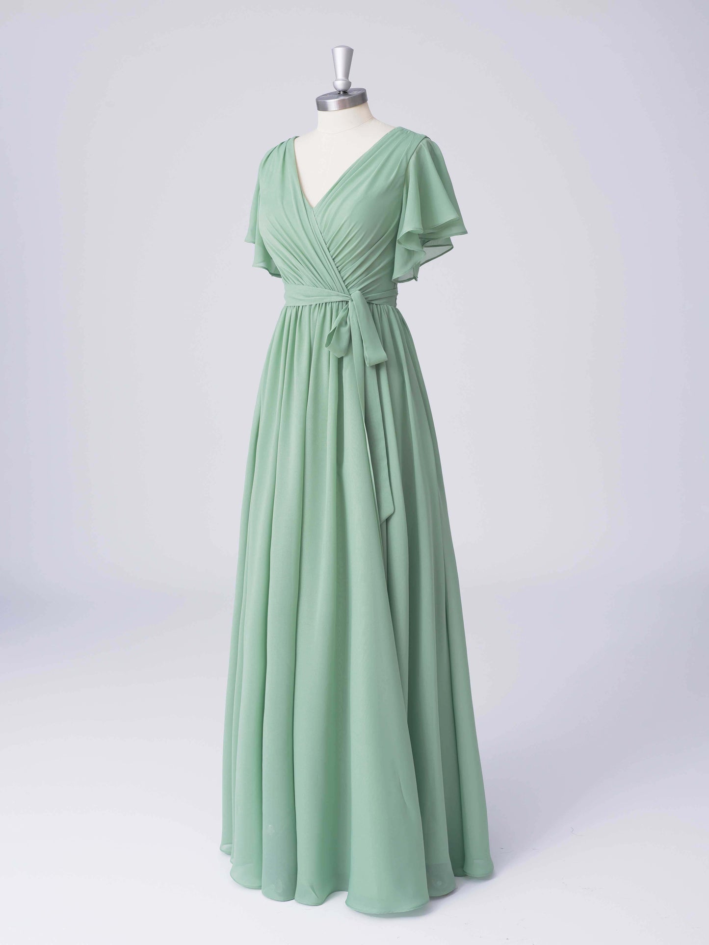 Lunette Elegant V-Neck Chiffon A-line Bridesmaid Dresses with Belt