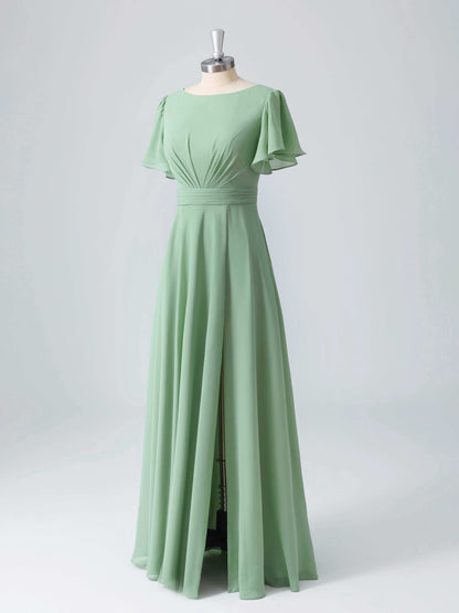 Lyssara Boat Neck A-line Chiffon Bridesmaid Dresses with Slit