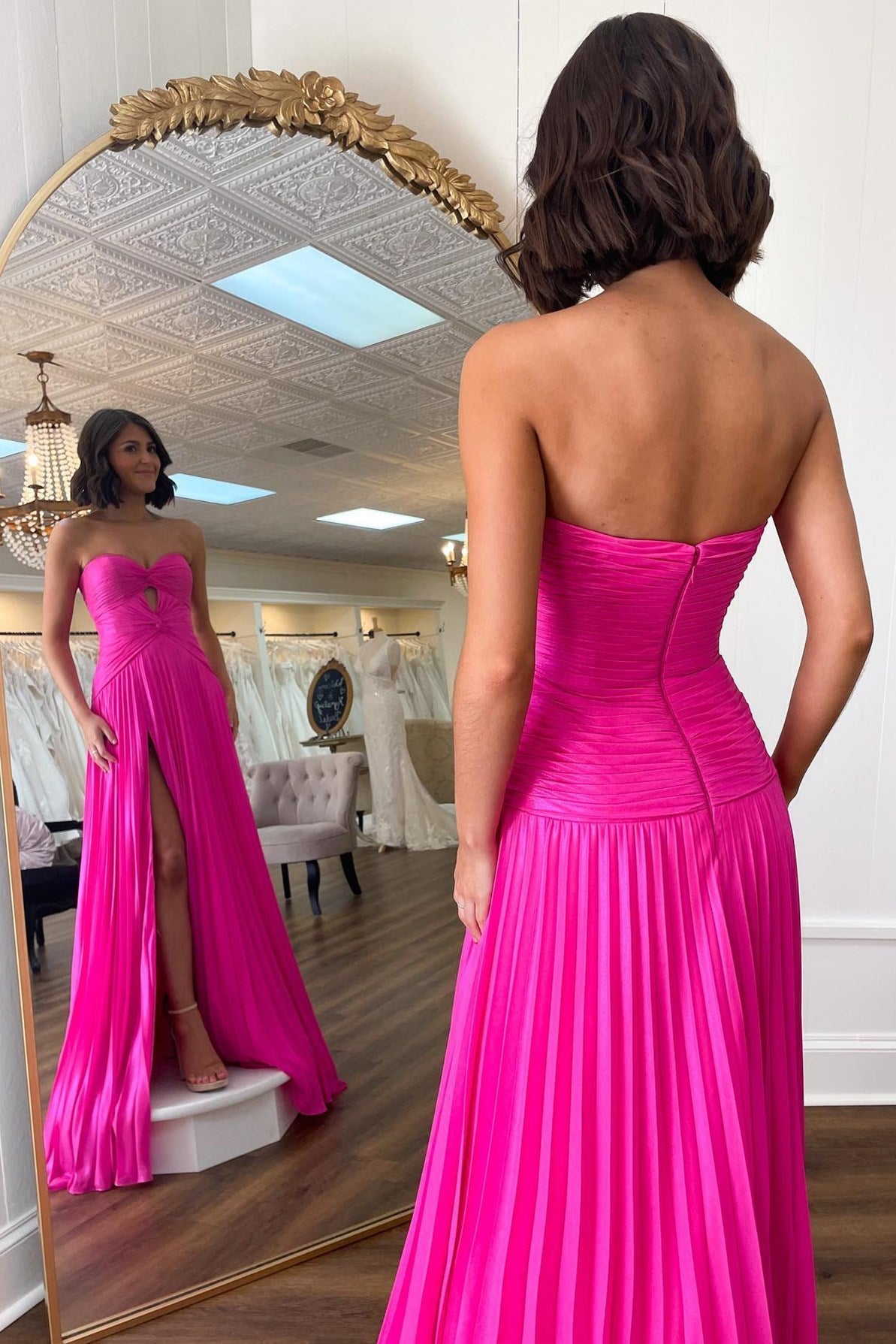 Hot Pink Strapless Keyhole Pleated A-Line Prom Dress