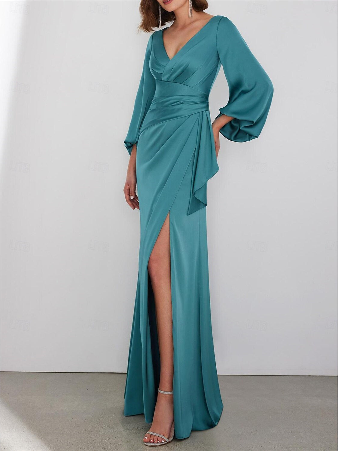 A-Line  Floor Length Long Sleeve V Neck Wedding Guest Dresses Tie Charmeuse with Ruched