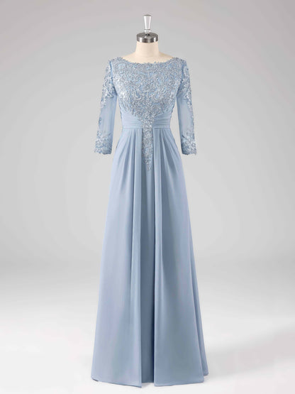 Macy Boat Neck Lace Appliqued A-line Long Chiffon Dresses