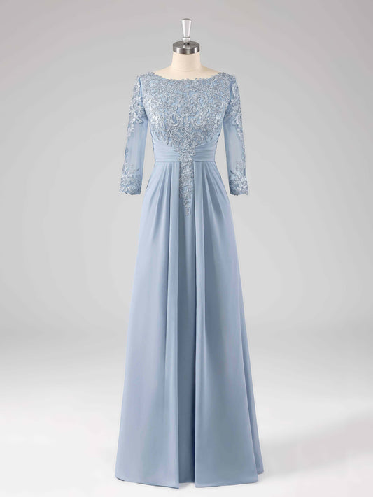 Macy Boat Neck Lace Appliqued A-line Long Chiffon Dresses