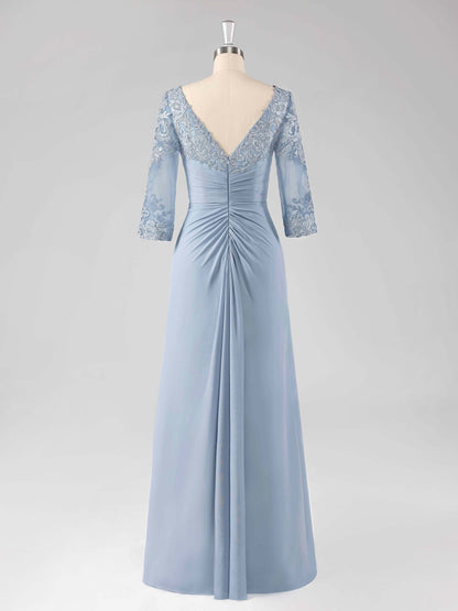 Macy Boat Neck Lace Appliqued A-line Long Chiffon Dresses