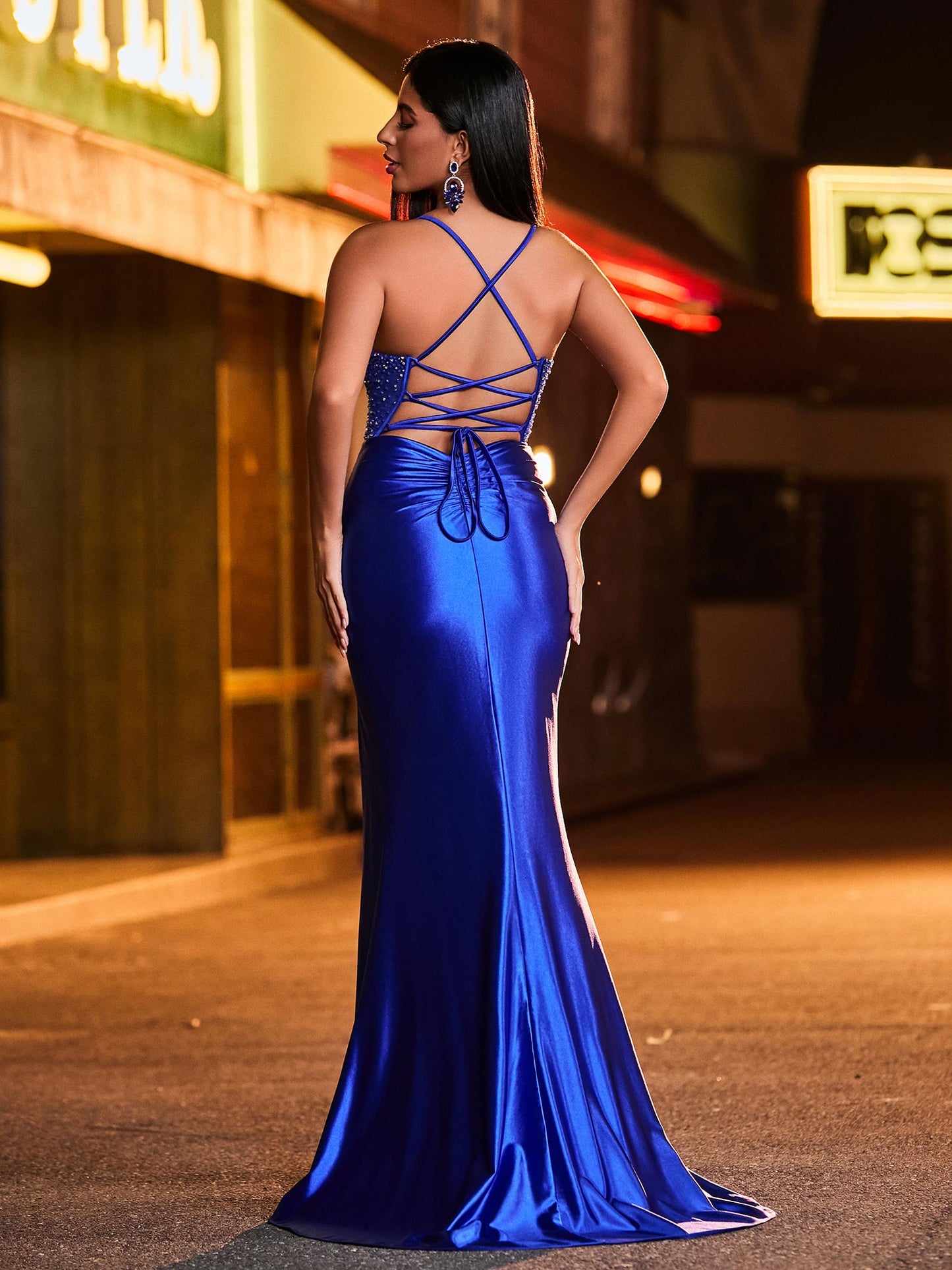 Spaghetti Strap Beaded Pleated Fitted Maxi Dress with High Slit Royal Blue