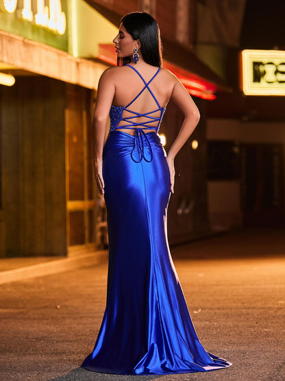 Spaghetti Strap Beaded Pleated Fitted Maxi Dress with High Slit Royal Blue