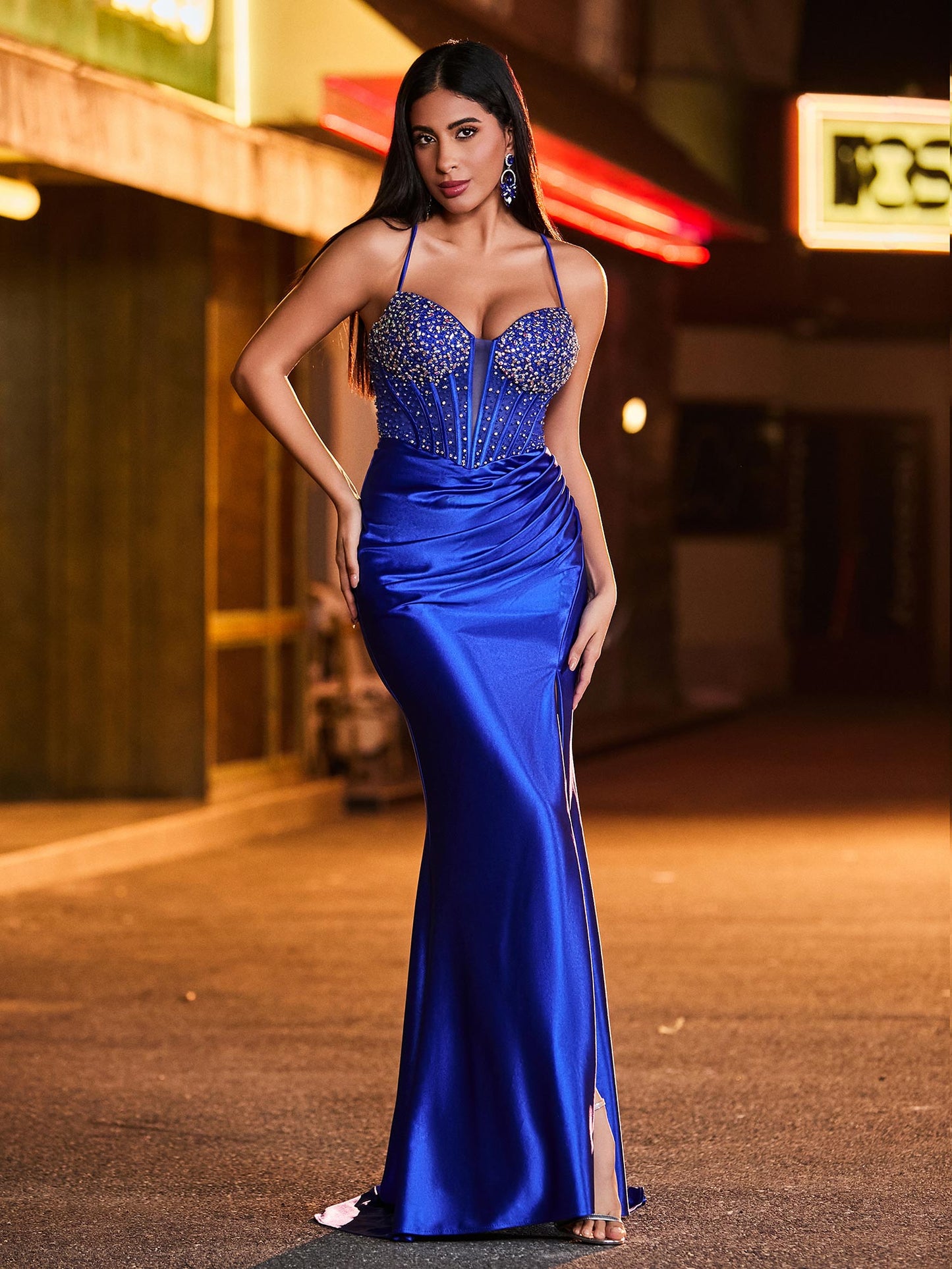 Spaghetti Strap Beaded Pleated Fitted Maxi Dress with High Slit Royal Blue