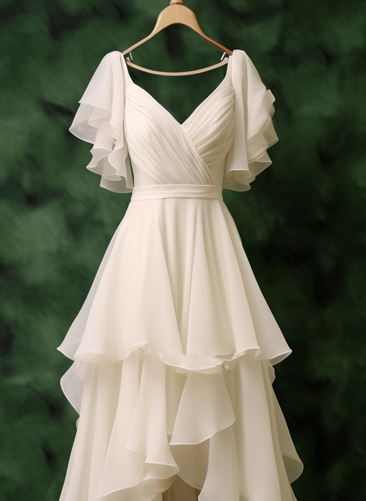 White Chiffon High Low Short Sleeves Party Dress, White Chiffon Wedding Party Dress