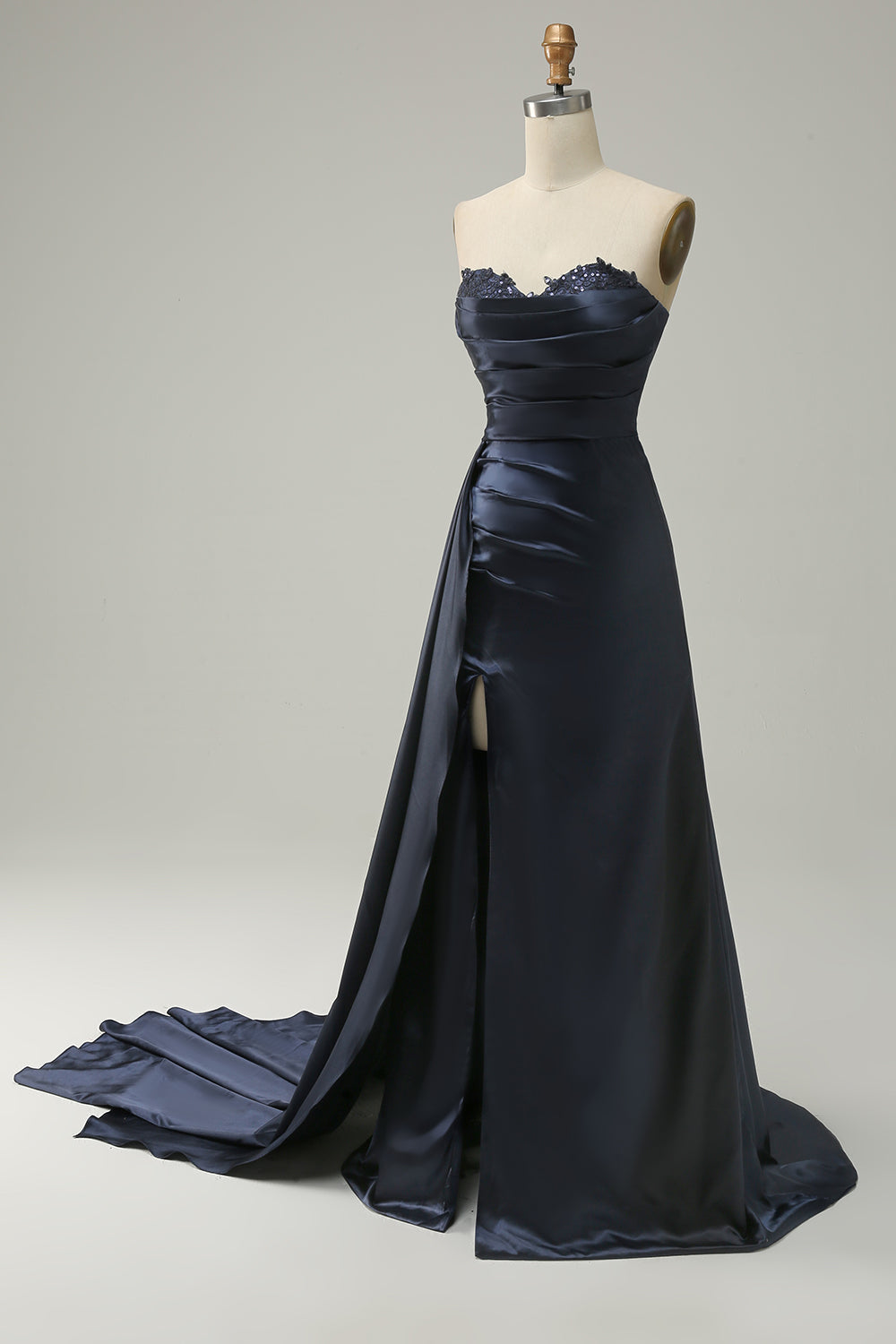 Navy Strapless Sweetheart Long Prom Dress with Split