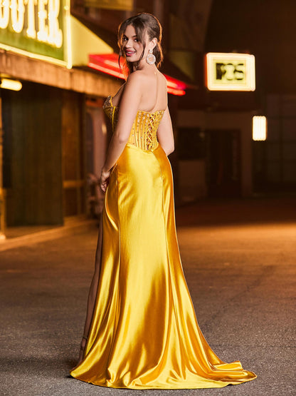 Strapless Sweetheart Beaded High Slit Backless Maxi Dress Gold