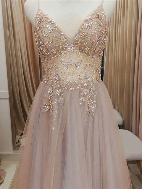 Eye-catching Illusion Prom Dresses Tulle Spaghetti Straps A-line Formal Gowns