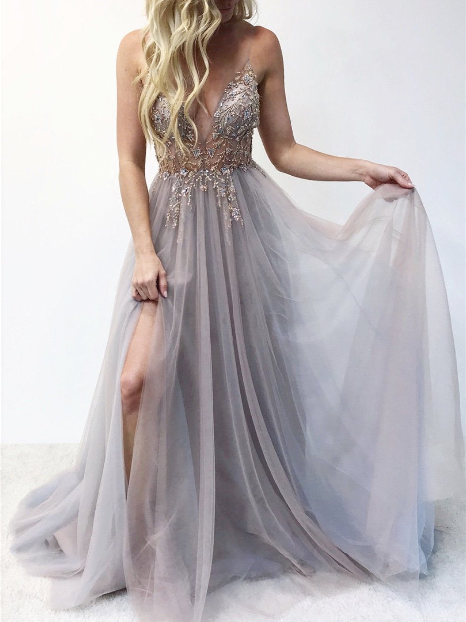 Eye-catching Illusion Prom Dresses Tulle Spaghetti Straps A-line Formal Gowns