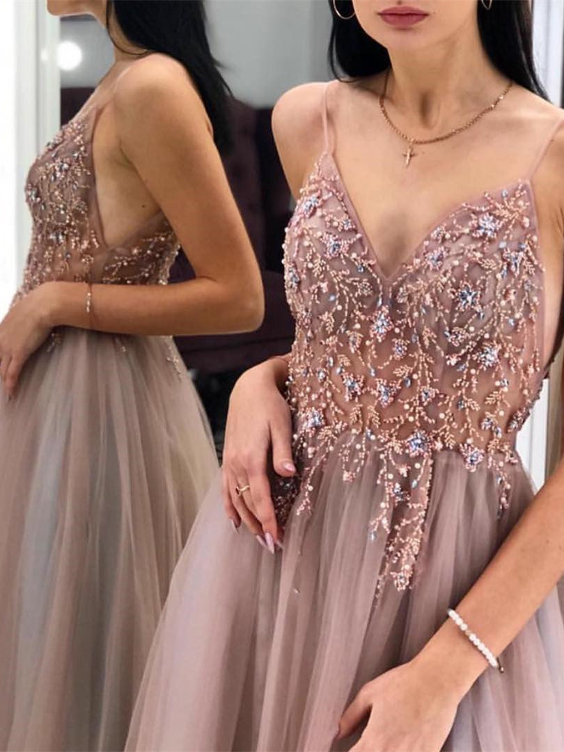 Eye-catching Illusion Prom Dresses Tulle Spaghetti Straps A-line Formal Gowns