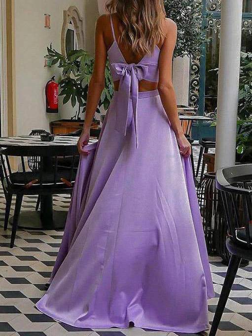 Fashion Satin Straps A-line Prom Dresses 2 Pieces Gowns With Slit