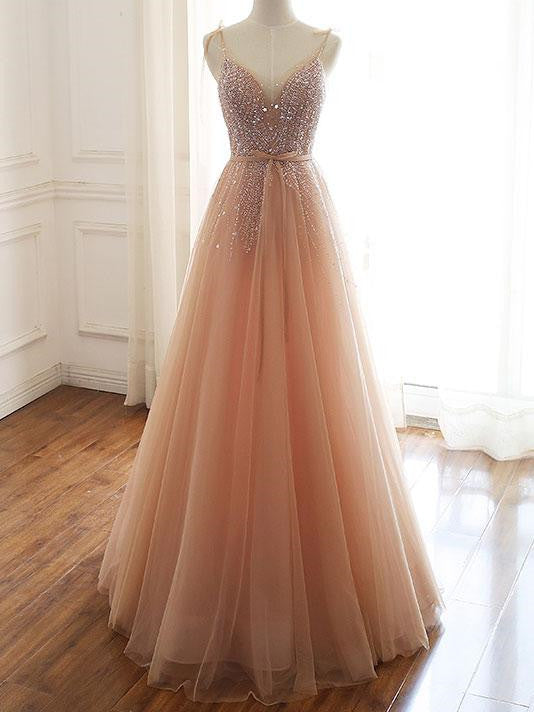 Shining Beaded A-line Prom Dresses Tulle Long Evening Gowns