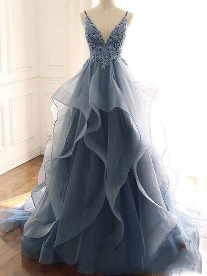 Spaghetti Straps A-line Prom Dresses Tulle Appliqued Evening Gowns
