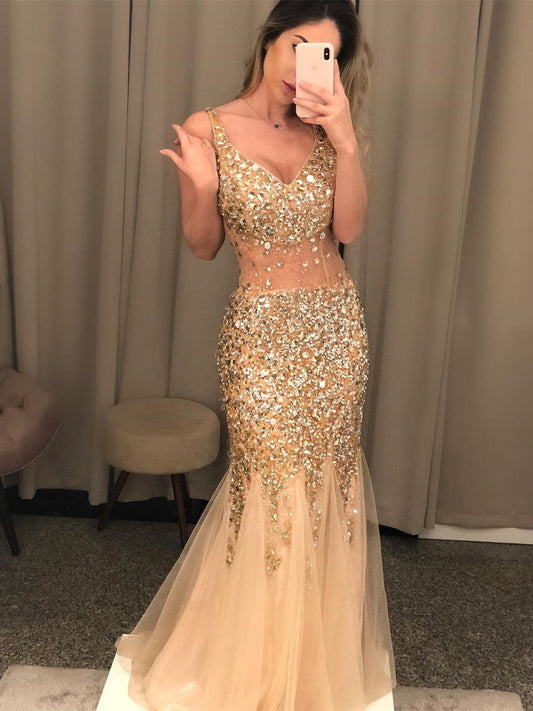 Modern V-neck Mermaid Prom Dresses With Rhinestones