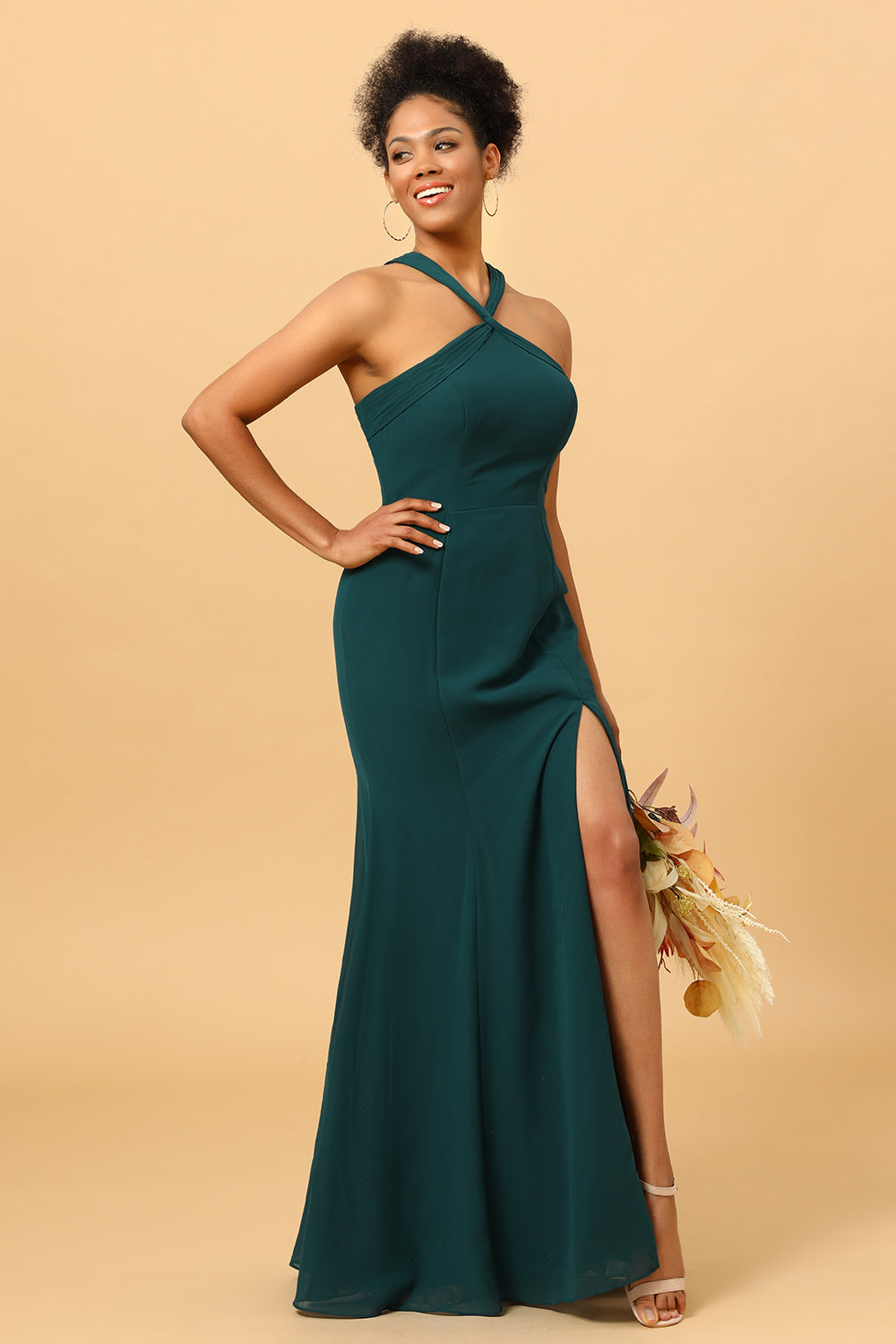 Green Mermaid Chiffon Bridesmaid Dress with Slit