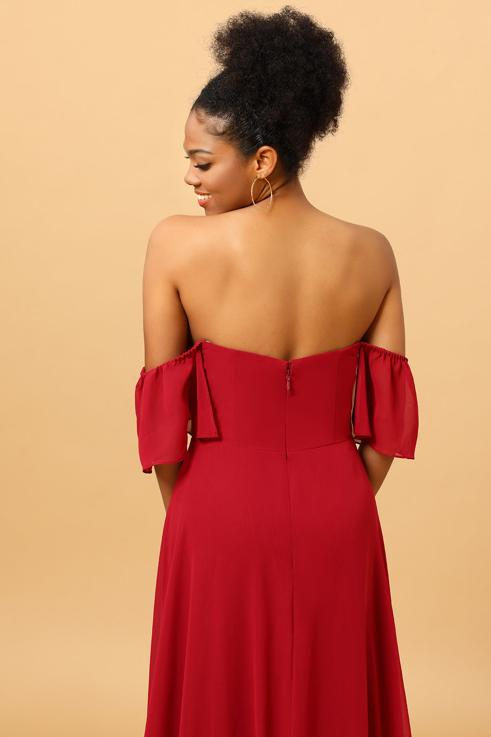 Burgundy Off the Shoulder Chiffon Bridesmaid Dress with Slit