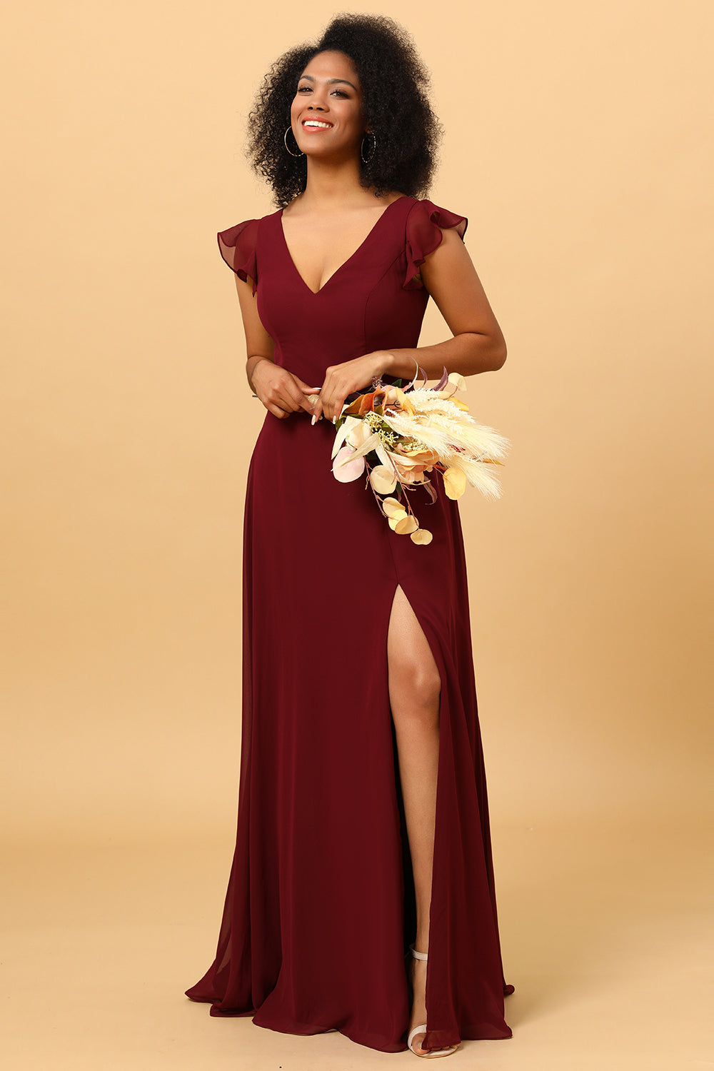 Chiffon Burgundy Bridesmaid Dress with Slit