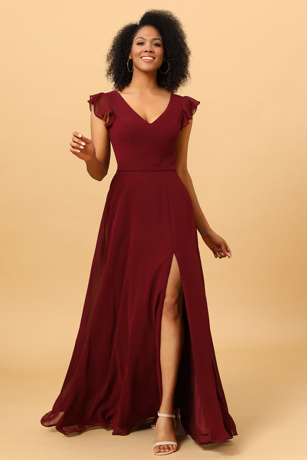 Chiffon Burgundy Bridesmaid Dress with Slit