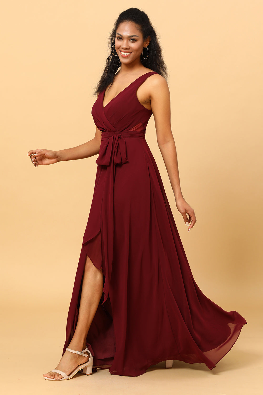 Burgundy Wrap Chiffon Bridesmaid Dress with Slit