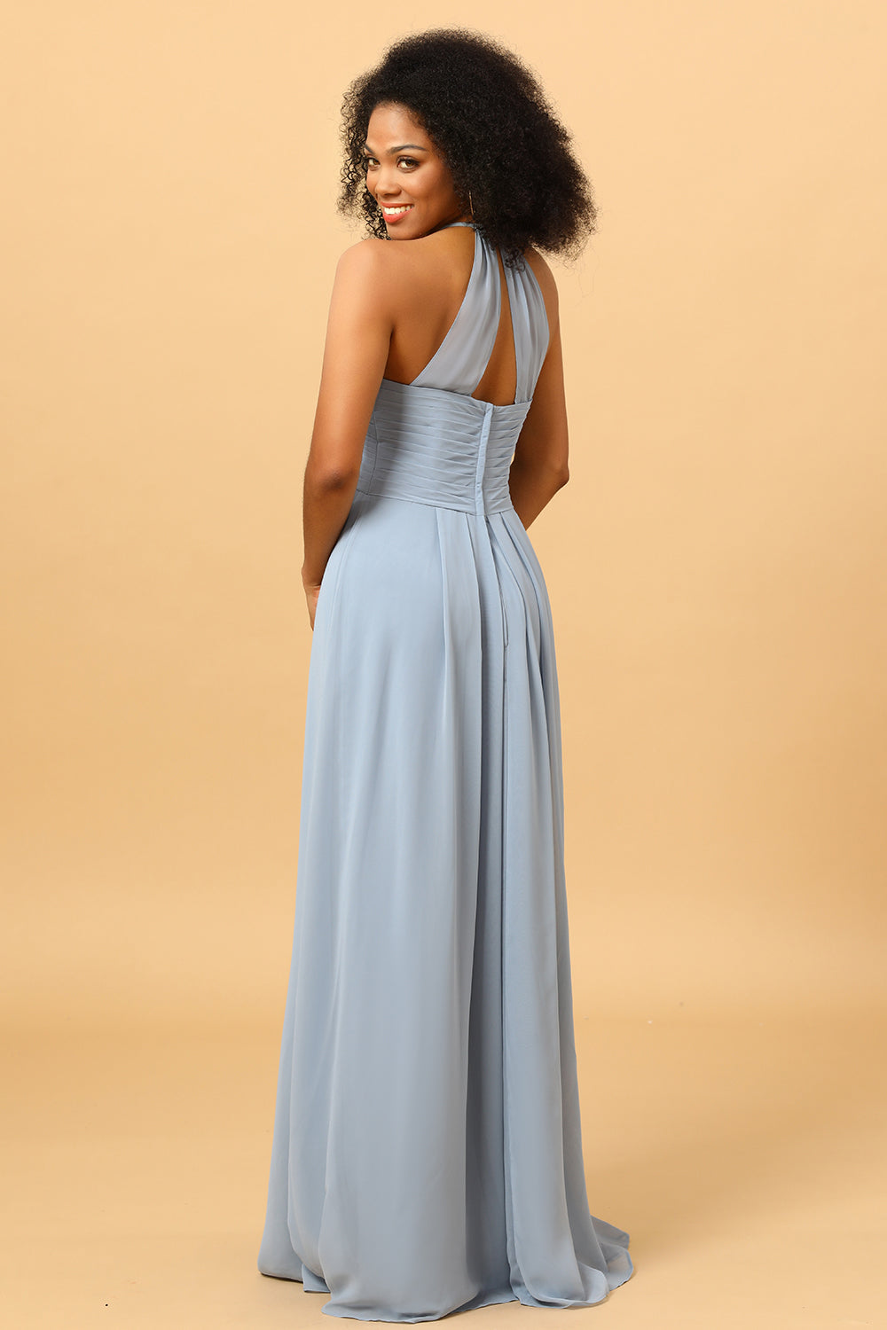 Halter Chiffon Blue Bridesmaid Dress with Ruffles