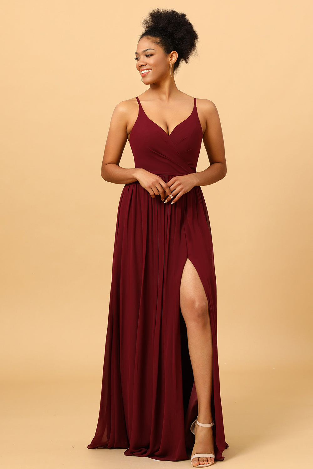 A-Line Chiffon Burgundy Bridesmaid Dress with Slit