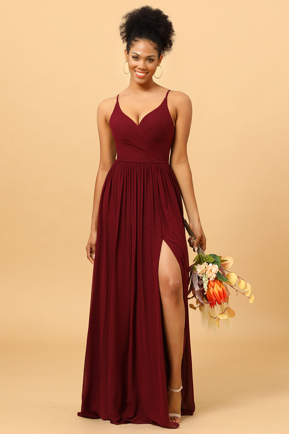 A-Line Chiffon Burgundy Bridesmaid Dress with Slit