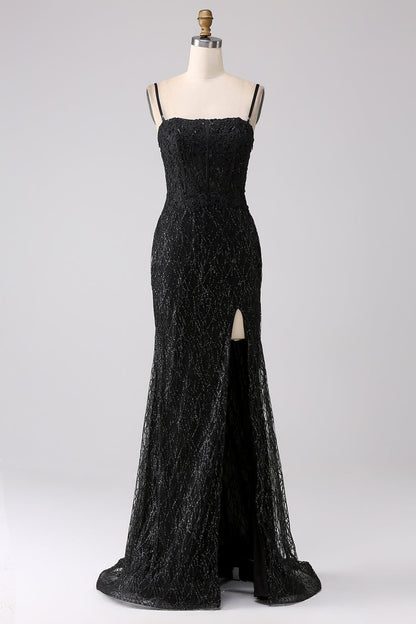 Black Mermaid Cold Shoulder Long Prom Dress with Slit