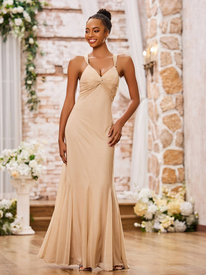 V-Neck Slim Ruched Floor-Length Bridesmaid Dresses Champagne